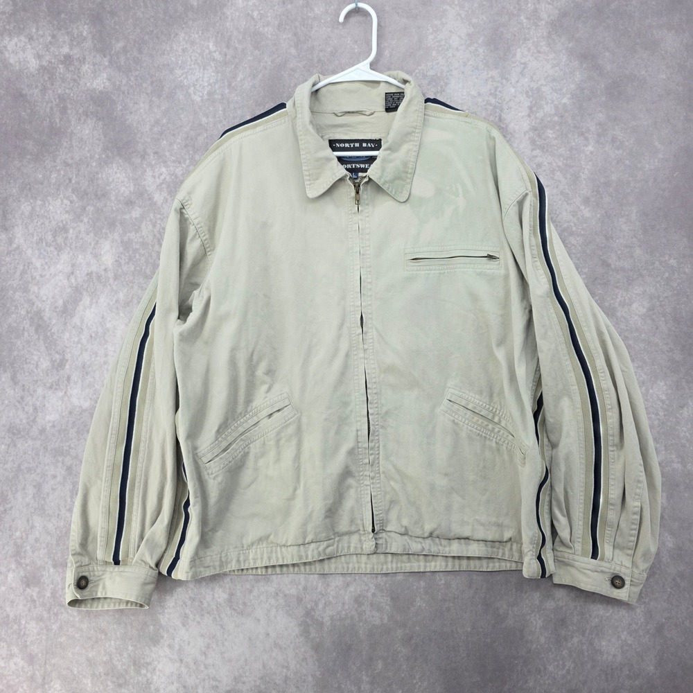 North Bay Sportswear Mens Harrington Jacket Tan Cotton Stripe Windbreaker Large
